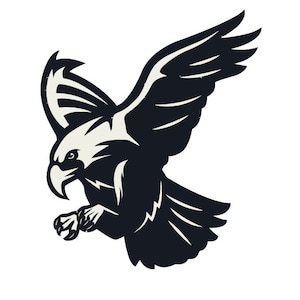 May include: A black and white illustration of an eagle in flight with its wings spread wide. The eagle is facing to the left and has a sharp beak and talons.