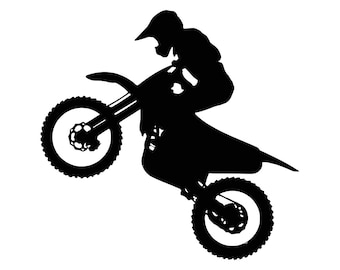 May include: Silhouette of a motocross rider performing a wheelie on a dirt bike. The rider is wearing a helmet and goggles, and the bike has two wheels.