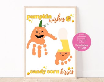 May include: Printable Halloween craft with handprint outlines of a pumpkin and candy corn. The text reads "pumpkin wishes & candy corn kisses".