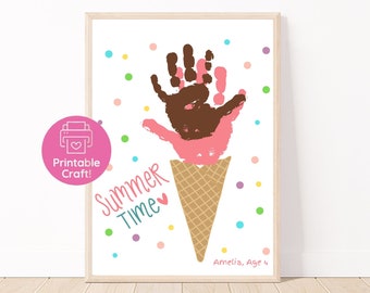 May include: Printable craft for kids featuring a handprint ice cream cone with the text "Summer Time" and a heart. The ice cream cone is pink and brown with a waffle cone.