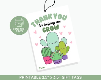 Cactus Teacher Thank You Gift Tags: Printable Grow Design (PDF)