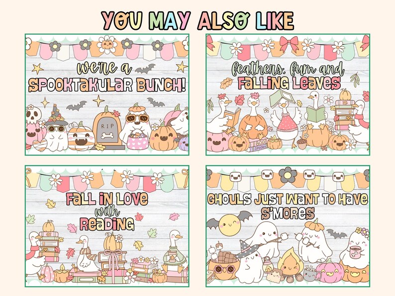 May include: Four cartoon illustrations with a Halloween theme, featuring ghosts, pumpkins, and geese. Text includes "Spooktacular Bunch" and "Falling Leaves". The images are set against a light wood-grain background, with bunting and decorative elements.