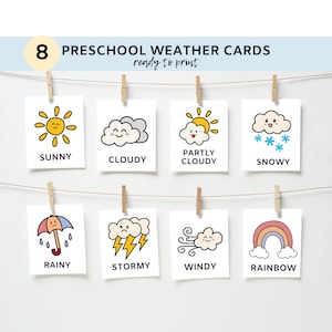 8 cartes météo | Graphique météorologique préscolaire | Cartes mémoire Montessori | Cartes éducatives imprimables | Téléchargement instantané | Calendrier quotidien pour enfants