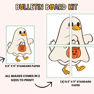 May include: A Halloween bulletin board kit with a cartoon ghost holding a pumpkin treat bag. The kit includes images in two sizes, printed on 21.6 cm x 27.9 cm standard paper. The text "BULLETIN BOARD KIT" is at the top.