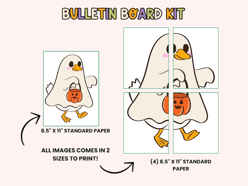 May include: A Halloween bulletin board kit with a cartoon ghost holding a pumpkin treat bag. The kit includes images in two sizes, printed on 21.6 cm x 27.9 cm standard paper. The text "BULLETIN BOARD KIT" is at the top.