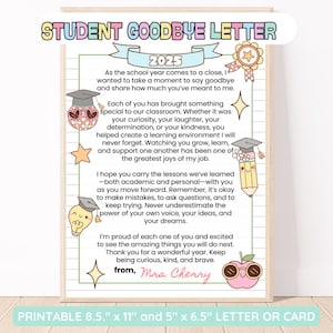 Lettera di addio da insegnante a studente, biglietto di fine anno stampabile, regalo personalizzato per studenti, ricordo per bambini, regalo per la laurea