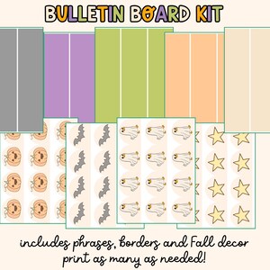 May include: A bulletin board kit featuring colourful backgrounds and decorative elements. Includes grey, purple, green, and orange backgrounds with white vertical lines. Also includes pumpkin, bat, ghost, and star designs. The text says "BULLETIN BOARD KIT" and "includes phrases, borders and Fall decor print as many as needed!"