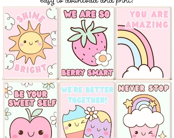 May include: A set of six classroom posters with pastel colors and cute illustrations. The posters feature a sun, strawberry, rainbow, apple, ice pops, and cupcake with positive messages like "Shine Bright" and "Dreaming".