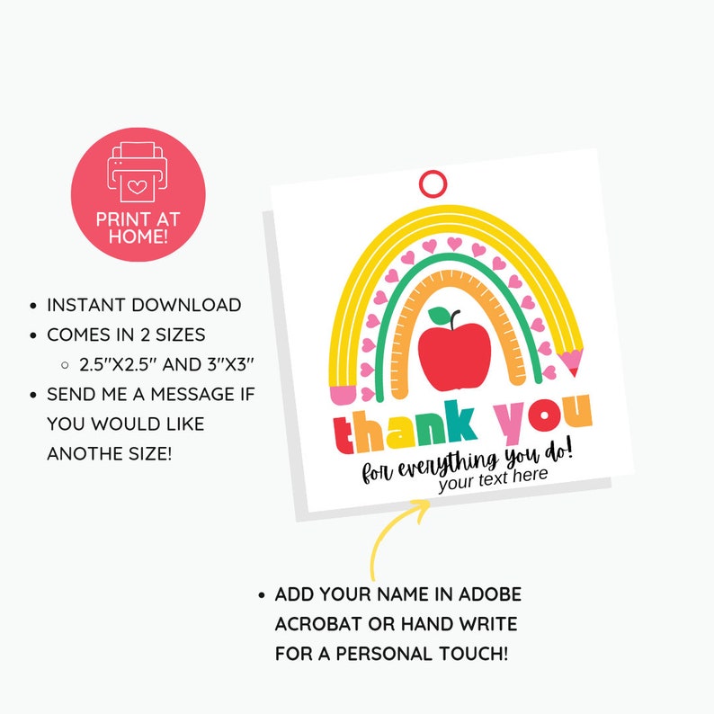Teacher Appreciation Gift Tags: Printable Thank You Tags (PDF) - Etsy