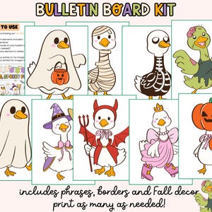 May include: A Halloween-themed bulletin board kit with cartoon geese in costumes such as a ghost, mummy, skeleton, and zombie. The kit includes phrases, borders, and autumn decor. The text "BULLETIN BOARD KIT" is at the top.