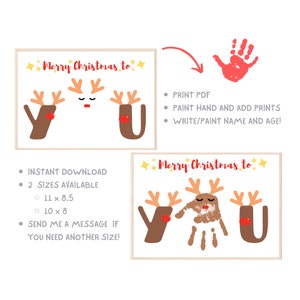 May include: Printable Christmas card with a "Merry Christmas to YOU" message featuring reindeer antlers and a handprint in the center. The card is available in two sizes: 11 x 8.5 inches and 10 x 8 inches.