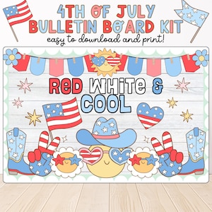 Kit de quadro de avisos para o 4 de julho, decoração patriótica faça você mesmo, display de verão para impressão para o Dia da Independência da sala de aula, decoração para porta de sala de aula, estilo boho descolado