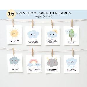 16 cartes météo | Carte météorologique pour les enfants d'âge préscolaire | Flashcards Montessori | Cartes éducatives imprimables | Téléchargement instantané | Calendrier quotidien pour enfants