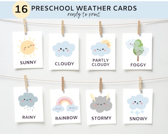 16 Weather Cards | Preschool Weather Chart | Montessori flashcards | Educational Printable Cards | Instant Download | Kids Daily Calendar