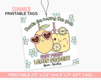 May include: Printable gift tags featuring a lemon and a glass of lemonade with cute faces. The text reads "Thanks for making this year easy peasy lemon squeezy from Amelia". The tags are 2.5 inches by 2.5 inches and 3 inches by 3 inches.