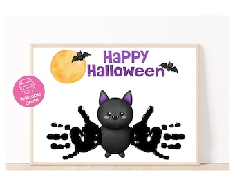 May include: Printable Halloween craft with a bat and a moon. The craft uses handprints to create the bat's wings. The text "Happy Halloween" is at the top of the page.