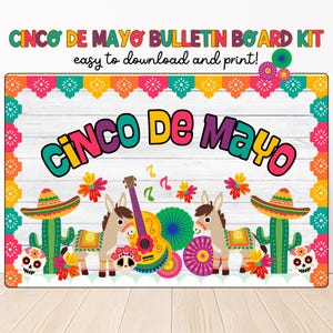 Kit de quadro de avisos para Cinco de Mayo, quadro de avisos para maio, decoração de sala de aula para festa, display de celebração mexicana para impressão, kit de decoração de porta para maio