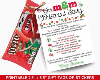 Afdrukbare cadeaukaartjes met M&M-kerstgeboorteverhaal: kerstgedicht (digitale download)