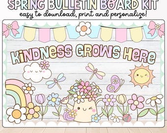 May include: A spring-themed bulletin board kit with the text "SPRING BULLETIN BOARD KIT" and "KINDNESS GROWS HERE". The design includes pastel colors, flowers, a rainbow, and cute illustrations of a sun, cloud, and insects.