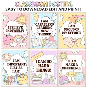Op de afbeelding: Zes klaslokaalposters met pastelkleurige achtergronden en cartoonillustraties. De tekst bevat: I BELIEVE IN MYSELF, I AM CAPABLE OF LEARNING NEW THINGS, I AM PROUD OF MY EFFORT, I AM IMPORTANT JUST AS I AM, I CAN DO HARD THINGS, I CAN MAKE A DIFFERENCE.