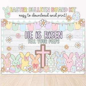 Easter Bulletin Board Kit, Spring Classroom Decor, Bunny Bulletin, Printable Easter Decor for Kids, He is Risen, Church Bulletin for Easter