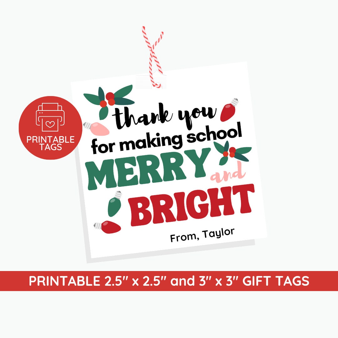 Merry and Bright Christmas Teacher Gift Tags (printable PDF) - Etsy