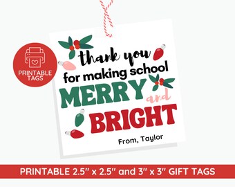 Etiquetas de regalo para maestros con el mensaje "Feliz y brillante Navidad" (PDF imprimible)