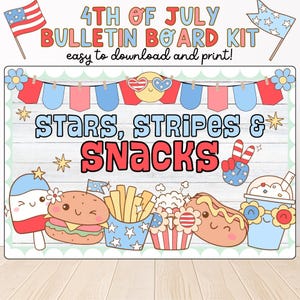 Kit de quadro de avisos para o 4 de julho, decoração patriótica para sala de aula, display de verão faça você mesmo para impressão para o Dia da Independência, decoração para porta de sala de aula, bonito e brilhante