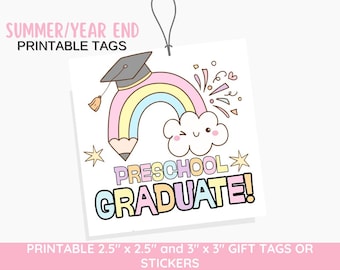 Etiquetas imprimibles para regalos de graduación preescolar, tema arcoíris (descarga digital)