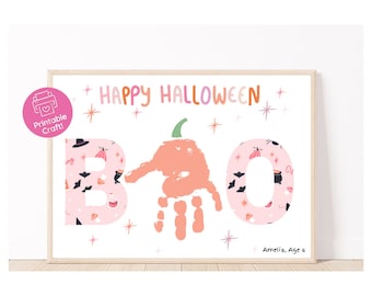 May include: Printable Halloween craft for kids.  A pink and orange handprint art project with the word "BOO" and the text "Happy Halloween".