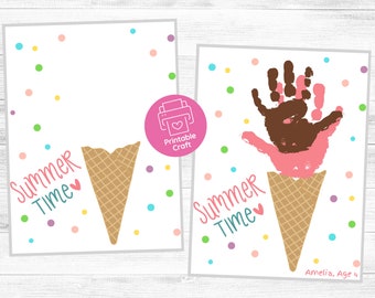 May include: Printable craft for kids featuring a handprint ice cream cone. The craft includes a template with the words "Summer Time" and a heart. The image shows a completed craft with a child's handprint in pink and brown, representing the ice cream.