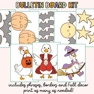 May include: A Halloween-themed bulletin board kit featuring bats, pumpkins, moons, stars, and cartoon ducks in costumes. The text at the top reads "BULLETIN BOARD KIT" and the text at the bottom reads "includes phrases, borders and Fall decor print as many as needed!"