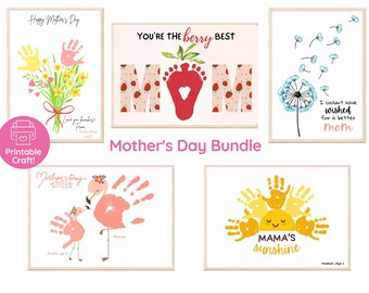 May include: A printable Mother's Day craft bundle with four designs featuring handprint art. The designs include a bouquet of flowers, a footprint 'Mom' with strawberries, a dandelion with the text 'I couldn't have wished for a better mom', and a sun with the text 'Mama's sunshine'.