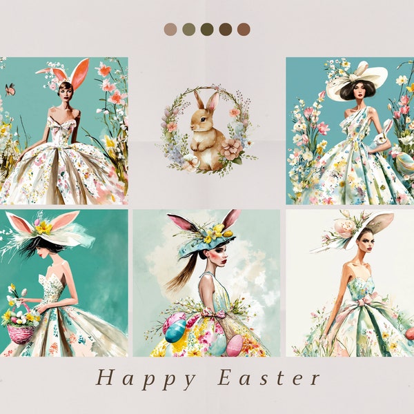 Easter Wall Art Girl of 5 Pictures, Spring Printable Wall Art Set of Five Pieces, Cute Easter Holiday Collection of Digital Prints postcards