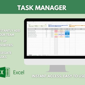Puede incluir: Una pantalla de computadora que muestra una hoja de cálculo de gestión de tareas en Microsoft Excel. La hoja de cálculo tiene columnas para tarea, asignado a, fecha de vencimiento, tiempo restante, estado, prioridad, archivos y notas. La hoja de cálculo se titula "Administrador de tareas".