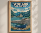 Eilean Donan Castle Scotland Vintage Travel Poster, Scottish Highland Wall Art Print
