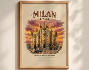 May include: A framed art print featuring the Duomo di Milano in Italy under a sunset sky. The text reads MILAN ITALIA, DUOMO DI MILANO COSTRUZIONE 1386, CITTA DELLA MODA, CAPITALI DEL DESIGN, CUORE DELLA LOMBARDIA, VIAGGIA, ESPLORA, SCOPRI.
