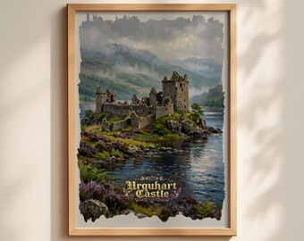 May include: A framed wall art print depicting the stone ruins of Urquhart Castle situated on a rocky shore beside a dark lake. The landscape features rolling hills, misty mountains, and purple heather in the foreground. The text Urquhart Castle is printed in a decorative gold font at the bottom center of the image.