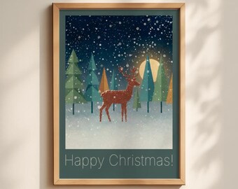 May include: A framed print featuring a brown deer standing in a snowy forest at night with stylized green and orange trees, a large yellow moon, and falling white snowflakes. The text Happy Christmas is printed at the bottom.