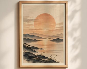 Distant Horizon - Japanese Sunset Ocean Landscape Poster - Large Sun Watercolor Wall Art