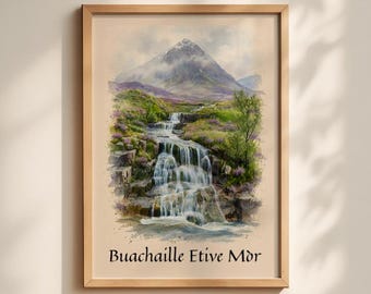 May include: A framed watercolor print featuring a mountain landscape with a cascading waterfall, green hills, and purple heather. The text Buachaille Etive Mòr is printed in black at the bottom of the light-colored paper within a wooden frame.