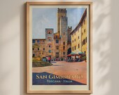 San Gimignano Poster, Tuscany Italy Travel Wall Art, Medieval Towers Print, Italian Piazza