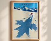 Canada Ski Poster, Maple Leaf Shadow Art Print, Retro Skiing Wall Art, Canadian Mountain Travel