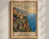 Ravello Italy Vintage Travel Poster, Amalfi Coast Wall Art, Mediterranean Print