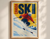 Canada Ski Retro Travel Poster, Vintage Skiing Wall Art, Alpine Skier Print, Winter Sports Decor