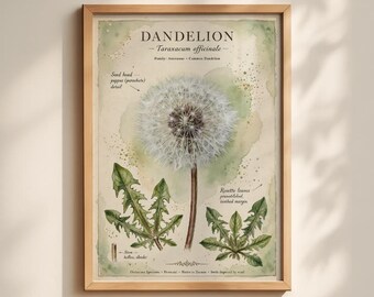 May include: A botanical wall art print in a light wood frame featuring a dandelion, Taraxacum officinale. The illustration displays a white seed head, green leaves, and text labels including Seed head, pappus detail, and Rosette leaves.