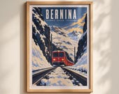 Bernina Express Switzerland Vintage Travel Poster, Swiss Alps Red Train Wall Art Print