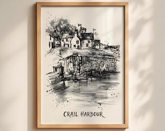 May include: A framed black and white ink and watercolor illustration of Crail Harbour, featuring stone buildings, a harbor wall, and water reflections. The text CRAIL HARBOUR is printed in black at the bottom of the artwork.