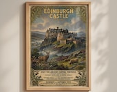 Edinburgh Castle Vintage Travel Poster, Scotland Wall Art, Highland Stag Print