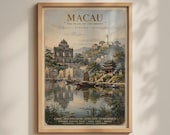 Macau Vintage Travel Poster, Pearl of the Orient, Chinese Junk Wall Art Print